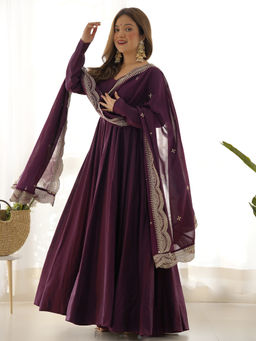 SAJAVAT ETHENIC WEAR - Women Purple Embroidered Chanderi Anarkali Kurta and Pant with Dupatta