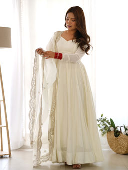 SAJAVAT ETHENIC WEAR - Women White Embroidered Chanderi Anarkali Kurta and Pant with Dupatta