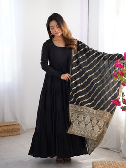 SAJAVAT ETHENIC WEAR - Women Black Solid Chanderi Anarkali Kurta and Pant with Dupatta