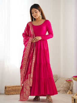 SAJAVAT ETHENIC WEAR - Women Pink Solid Chanderi Anarkali Kurta and Pant with Dupatta