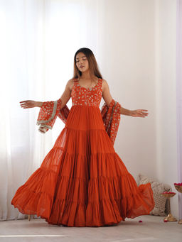 SAJAVAT ETHENIC WEAR - Women Orange Embroidered Georgette Anarkali Kurta and Pant with Dupatta