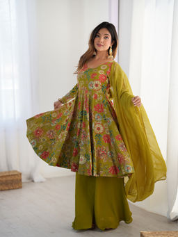 SAJAVAT ETHENIC WEAR - Women Green Printed Chanderi Anarkali and Sharara with Dupatta