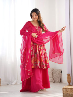 SAJAVAT ETHENIC WEAR - Women Pink Printed Chanderi Anarkali and Sharara with Dupatta