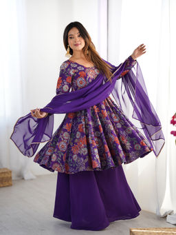 SAJAVAT ETHENIC WEAR - Women Purple Printed Chanderi Anarkali and Sharara with Dupatta