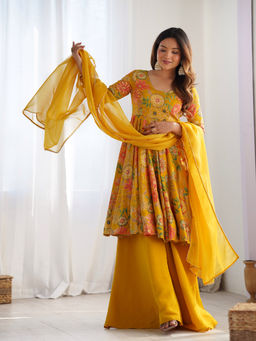 SAJAVAT ETHENIC WEAR - Women Yellow Printed Chanderi Anarkali and Sharara with Dupatta