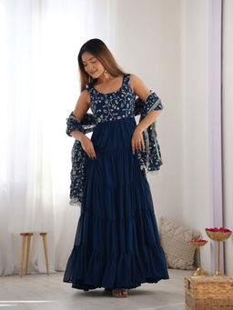 SAJAVAT ETHENIC WEAR - Women Navy Blue Embroidered Georgette Anarkali and Pant with Dupatta