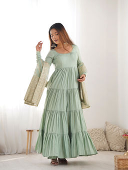 SAJAVAT ETHENIC WEAR - Women Green Self Design Chanderi Anarkali and Pant with Dupatta