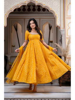 SAJAVAT ETHENIC WEAR - Women Yellow Printed Chanderi Anarkali and Pant with Dupatta