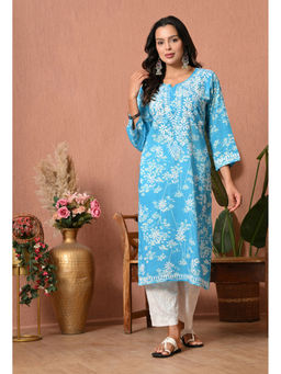 SYRISH - Women Blue Embroidered Mulmul Kurta