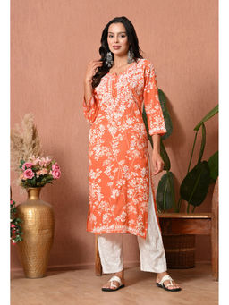 SYRISH - Women Orange Embroidered Mulmul Kurta