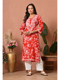 SYRISH - Women Red Embroidered Mulmul Kurta