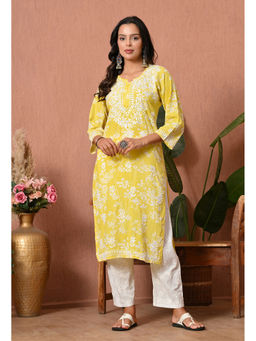 SYRISH - Women Yellow Embroidered Mulmul Kurta