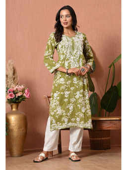 SYRISH - Women Green Embroidered Mulmul Kurta