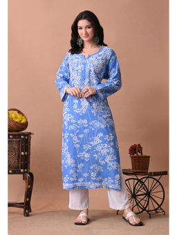 SYRISH - Women Blue Embroidered Mulmul Kurta