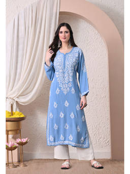 SYRISH - Women Blue Embroidered Rayon Kurta