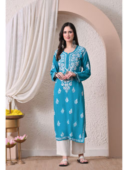 SYRISH - Women Blue Embroidered Rayon Kurta