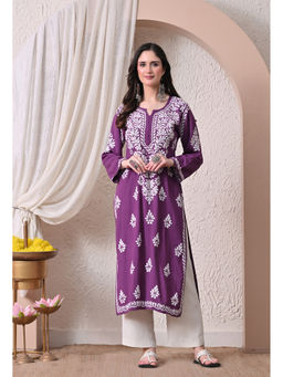 SYRISH - Women Purple Embroidered Rayon Kurta