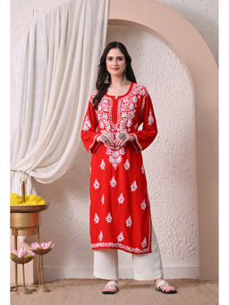 SYRISH - Women Red Embroidered Rayon Kurta
