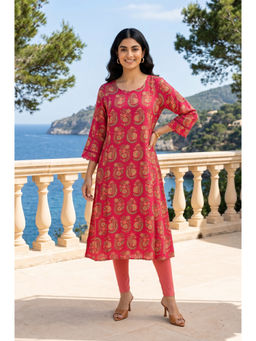 W - Pink Floral Printed Rayon Kurta