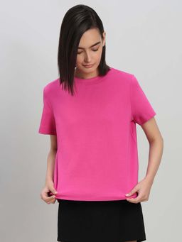 VERO MODA - Pink Cotton Solid Half Sleeves T-Shirt
