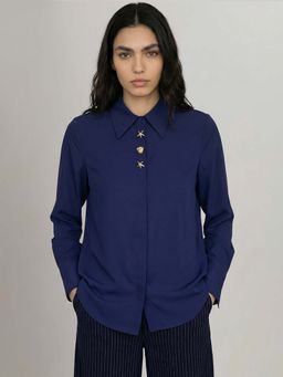 VERO MODA - Navy Blue Cotton Solid Full Sleeves Shirt