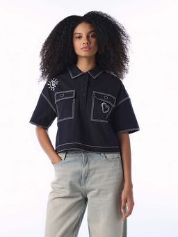 ONLY - Navy Blue Cotton Solid Half Sleeves Shirt