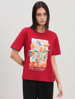 VERO MODA - Red Cotton Printed Half Sleeves T-Shirt