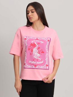 VERO MODA - Pink Cotton Printed Half Sleeves T-Shirt