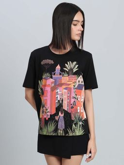 VERO MODA - Black Cotton Printed Half Sleeves T-Shirt