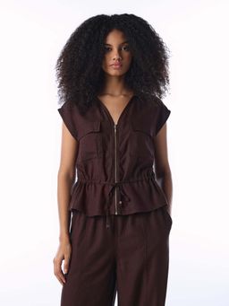 ONLY - Brown Viscose Blend Solid Cap Shirt