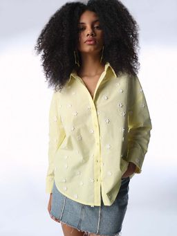 ONLY - Yellow Cotton Floral Full Sleeves Shirt