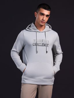 Technosport - Grey Men's Printed Slim Fit Hooded Sports Sweatshirt with Techno Warm