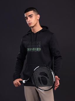 Technosport - Black Men's Printed Slim Fit Hooded Sports Sweatshirt with Techno Warm