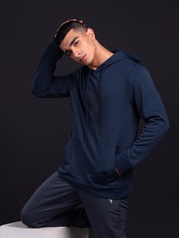 Technosport - Navy Blue Men's Printed Slim Fit Hooded Sports Sweatshirt with Techno Warm