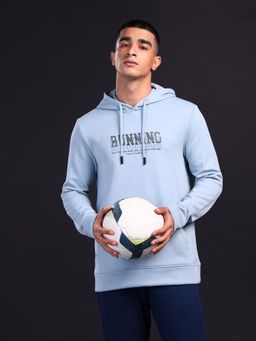 Technosport - Blue Men's Printed Slim Fit Hooded Sports Sweatshirt with Techno Warm