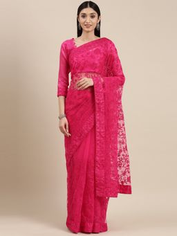 VAIRAGEE - Pink Floral Embroidered Net Saree with Unstitched Blouse