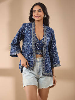 Jaipur Morni - Indigo Cotton Printed Crop Top and Shrug