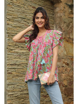 Jaipur Morni - Ice blue Floral Printed Cotton Tunic With Tie Up Detail
