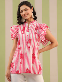 Jaipur Morni - Pink Palm Floral Print Pintucks Cotton Top