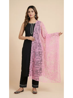 MUFFLY - Womens Elegant Embroidered Paisley Organza Pink Dupatta