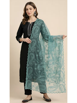 MUFFLY - Womens Elegant Embroidered Paisley Organza Teal Dupatta