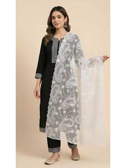 MUFFLY - Womens Elegant Embroidered Paisley Organza White Dupatta