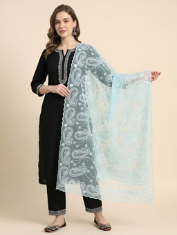 MUFFLY - Womens Elegant Embroidered Paisley Organza Blue Dupatta