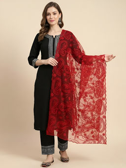 MUFFLY - Womens Elegant Embroidered Paisley Organza Red Dupatta