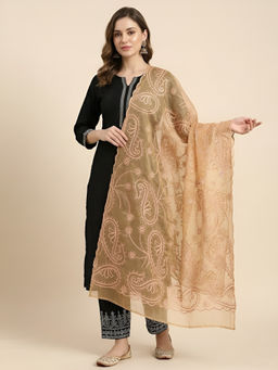 MUFFLY - Womens Elegant Embroidered Paisley Organza Gold Dupatta