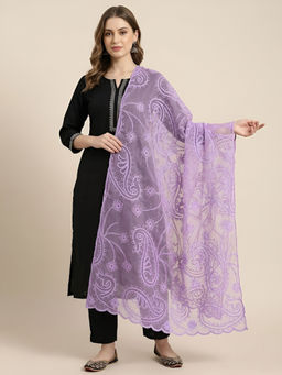MUFFLY - Womens Elegant Embroidered Paisley Organza Lavender Dupatta