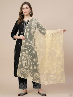 MUFFLY - Womens Elegant Embroidered Paisley Organza Yellow Dupatta