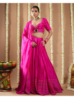 AHI Clothing - Hot Pink Silk Embroidered Heavy Lehenga and Blouse with Dupatta