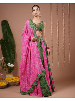 AHI Clothing - Green Bandhani Floral Printed Lehenga and Blouse with Dupatta