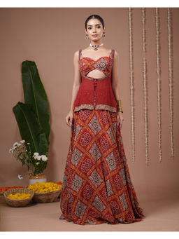 AHI Clothing - Red Bandhani Printed Lehenga and Blouse with Overlay